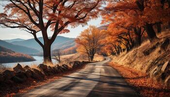 ai generiert still Herbst Landschaft Gelb Blätter, Berg, Sonnenuntergang, reflektieren im Wasser generiert durch ai foto