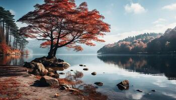 ai generiert still Herbst Wald spiegelt Schönheit im Natur heiter Wasser generiert durch ai foto