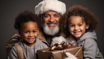 ai generiert lächelnd Jungen, süß Mädchen, heiter Familie, Winter Feier, Liebe und Freude generiert durch ai foto