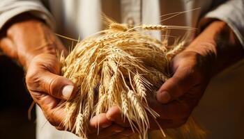 ai generiert Bauernhof Arbeiter halten reif Weizen, Ernte Natur organisch Wachstum generiert durch ai foto