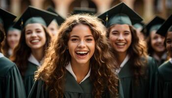 ai generiert lächelnd Schüler feiert Erfolg, Abschluss Kleid, Leistung, und Freundschaft generiert durch ai foto