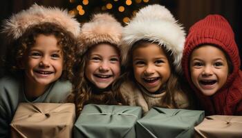 ai generiert lächelnd Mädchen, süß Jungen, heiter Familie, Winter Feier, froh Kinder generiert durch ai foto