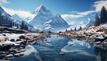 ai generiert majestätisch Berg Gipfel, Schnee bedeckt Landschaft, still Betrachtung im Wasser generiert durch ai foto