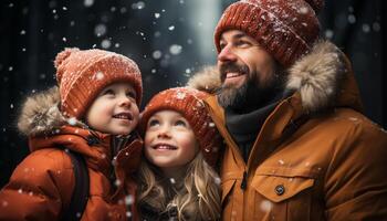 ai generiert lächelnd Familie umarmt Winter, spielen im schneebedeckt Wald zusammen generiert durch ai foto