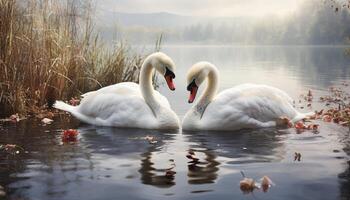 ai generiert stumm Schwan spiegelt Eleganz und Schönheit im still Teich generiert durch ai foto