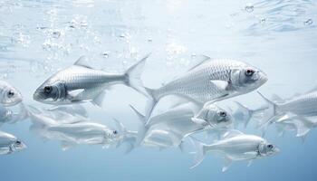 ai generiert Gruppe von Fisch Schwimmen im das klar Blau Wasser generiert durch ai foto