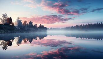 ai generiert still Sonnenuntergang spiegelt auf Wasser, Natur Schönheit im lila Dämmerung generiert durch ai foto