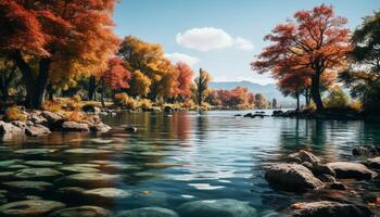 ai generiert still Herbst Wald spiegelt beschwingt Farben im still Teich generiert durch ai foto