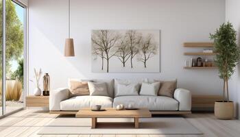 ai generiert modern Wohnung mit hell, elegant Dekor, komfortabel Sofa, und stilvoll Tabelle generiert durch ai foto
