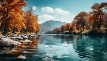 ai generiert still Herbst Wald spiegelt beschwingt Farben im still Teich generiert durch ai foto