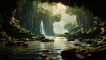 ai generiert still Szene Grün Baum spiegelt im fließend Wasser, Natur Schönheit generiert durch ai foto