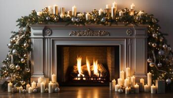 ai generiert gemütlich Winter Feier beleuchtet Weihnachten Baum, glühend Kerzenlicht, komfortabel Zuhause generiert durch ai foto