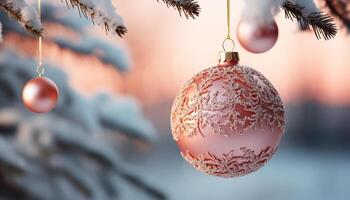ai generiert Weihnachten Baum dekoriert mit glänzend Ornamente und glühend Beleuchtung generiert durch ai foto