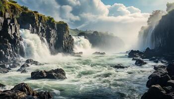 ai generiert majestätisch Berg, fließend Wasser, sprühen, Sonnenuntergang, Grün Wald, natürlich Schönheit generiert durch ai foto