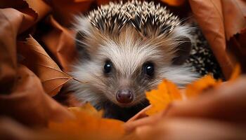 ai generiert süß klein Igel suchen beim Herbst Blatt im Natur generiert durch ai foto