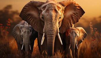 ai generiert afrikanisch Elefant Herde Gehen im still Savanne beim Sonnenuntergang generiert durch ai foto