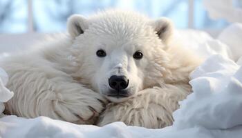 ai generiert süß samoyed Hündchen spielen im das schneebedeckt draußen generiert durch ai foto