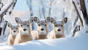 ai generiert süß Hirsch im Winter Wald, suchen beim Kamera, schneebedeckt Tag generiert durch ai foto