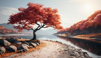 ai generiert still Herbst Landschaft Gelb Blatt, Sonnenuntergang, reflektieren auf Wasser generiert durch ai foto