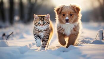 ai generiert süß Hündchen und Kätzchen spielen im das Schnee, rein Freude generiert durch ai foto