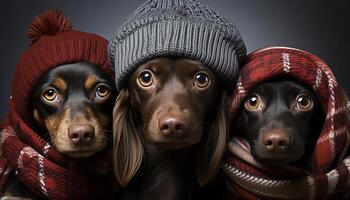 ai generiert süß Hündchen tragen Winter Deckel suchen beim Kamera im Schnee generiert durch ai foto