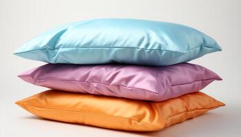 ai generiert komfortabel multi farbig Kissen Stapel auf das Bett im ein gemütlich Schlafzimmer generiert durch ai foto