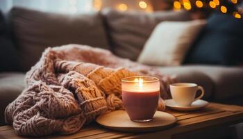 ai generiert gemütlich Winter Nacht Entspannung, Wärme, Kerzenlicht, Kaffee, komfortabel Sofa generiert durch ai foto