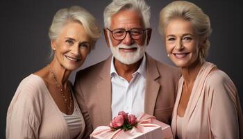 ai generiert lächelnd Senior Paar halten Geburtstag Geschenk, feiern Liebe und Zusammengehörigkeit generiert durch ai foto