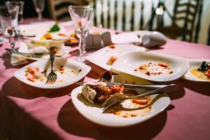 unordentlich Tabelle nach Party. übrig bleiben Essen, verschüttet Getränke, schmutzig Geschirr foto