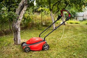 rot Rasen Mäher draussen im das Hinterhof. Grün Gras und Obst Bäume Hintergrund. Gartenarbeit Konzept. foto