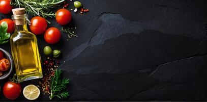 ai generiert Essen Hintergrund. oben Aussicht von Olive Öl, Kirsche Tomate, Kräuter und Gewürze auf rustikal schwarz Schiefer. bunt Essen Zutaten Rand foto
