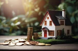 ai generiert ai generiert Illustration klein Modell- Haus mit Münzen, Kaufen und verkaufen Haus foto