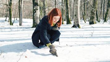 jung Dame Zeichnung glücklich Gesicht im das Schnee foto