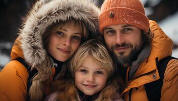 ai generiert ein glücklich Familie umarmt im das Winter Schnee generiert durch ai foto