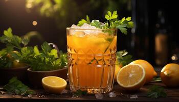 ai generiert erfrischend Sommer- Cocktail mit Zitrusfrüchte Obst und frisch Minze Blätter generiert durch ai foto