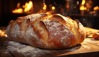 ai generiert frisch gebacken Brot auf rustikal hölzern Tisch, hausgemacht und köstlich generiert durch ai foto
