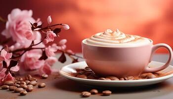 ai generiert frisch Cappuccino, cremig Milch, heiß trinken, rustikal Holz, aromatisch Kaffee generiert durch ai foto