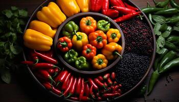 ai generiert frisch organisch Gemüse auf hölzern Tisch, gesund Essen, Natur Kopfgeld generiert durch ai foto