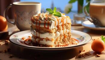 ai generiert frisch gebacken Schokolade Dessert auf ein hölzern Tabelle mit Obst generiert durch ai foto