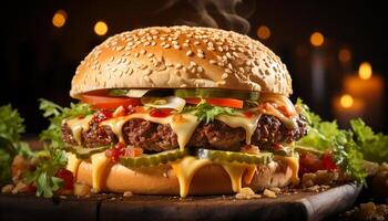 ai generiert gegrillt Burger auf rustikal Brötchen, gekrönt mit geschmolzen Cheddar Käse generiert durch ai foto