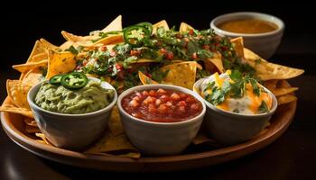 ai generiert frisch Guacamole tauchen auf ein Tortilla Chip, ein Mexikaner Vorspeise generiert durch ai foto