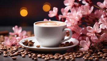 ai generiert Aromatherapie Kaffee, heiß trinken, schaumig Cappuccino, Süss Nachtisch, rustikal Tabelle generiert durch ai foto
