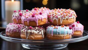 ai generiert hausgemacht Krapfen, Schokolade Glasur, Erdbeere, Mäusespeck, bunt Party Freude generiert durch ai foto