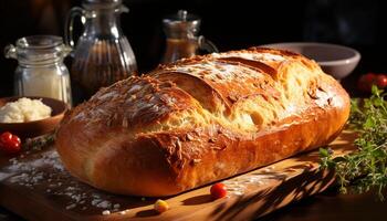 ai generiert frisch gebacken hausgemacht Brot auf ein rustikal hölzern Tabelle generiert durch ai foto