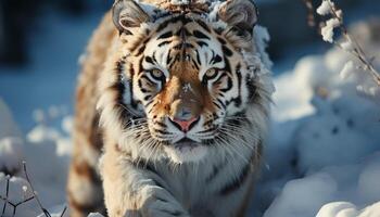 ai generiert majestätisch Bengalen Tiger starren, schließen hoch, im das schneebedeckt Wald generiert durch ai foto
