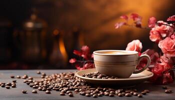 ai generiert frisch Kaffee Tasse auf hölzern Tisch, aromatisch und einladend generiert durch ai foto