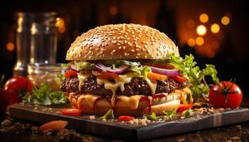 ai generiert gegrillt Gourmet Cheeseburger, frisch Gemüse, hausgemacht Fritten, amerikanisch Kultur generiert durch ai foto