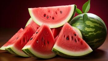 ai generiert frisch Wassermelone Scheibe, ein Süss und saftig Sommer- Snack generiert durch ai foto