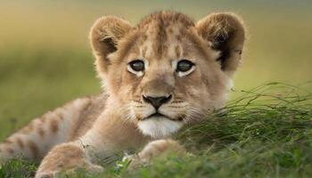 ai generiert Neugeborene Baby Löwe Jungtier Nahansicht ruhen auf Gras foto