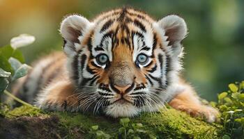 ai generiert Nahansicht von ein Neugeborene Baby Tiger Jungtier Sitzung auf Gras foto